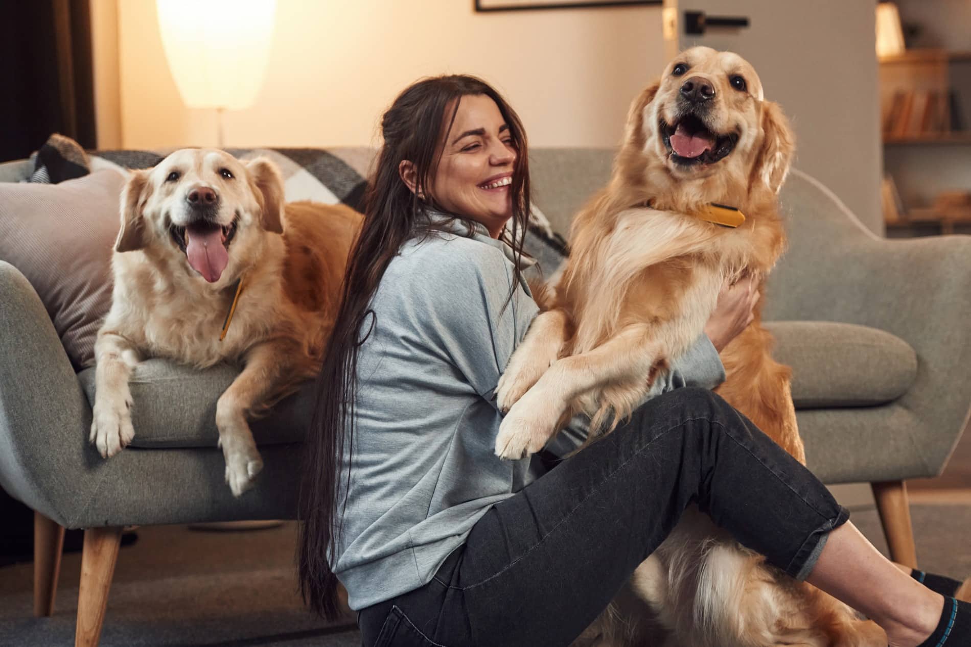 Woman and her dogs playing after a sick visit in Phoenix AZ